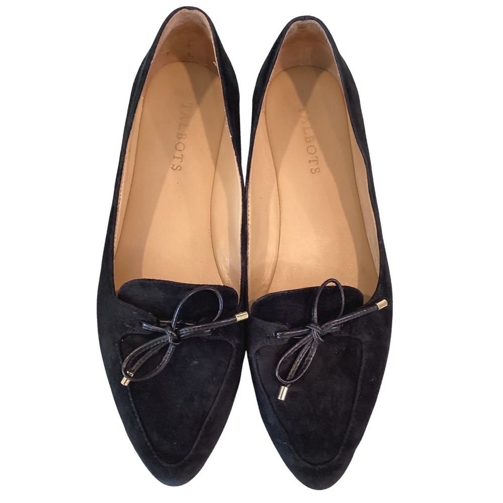 Talbots 8.5M Black Suede Pointed Toe Bow Ballet Flats Loafers Slip‎ Ons
